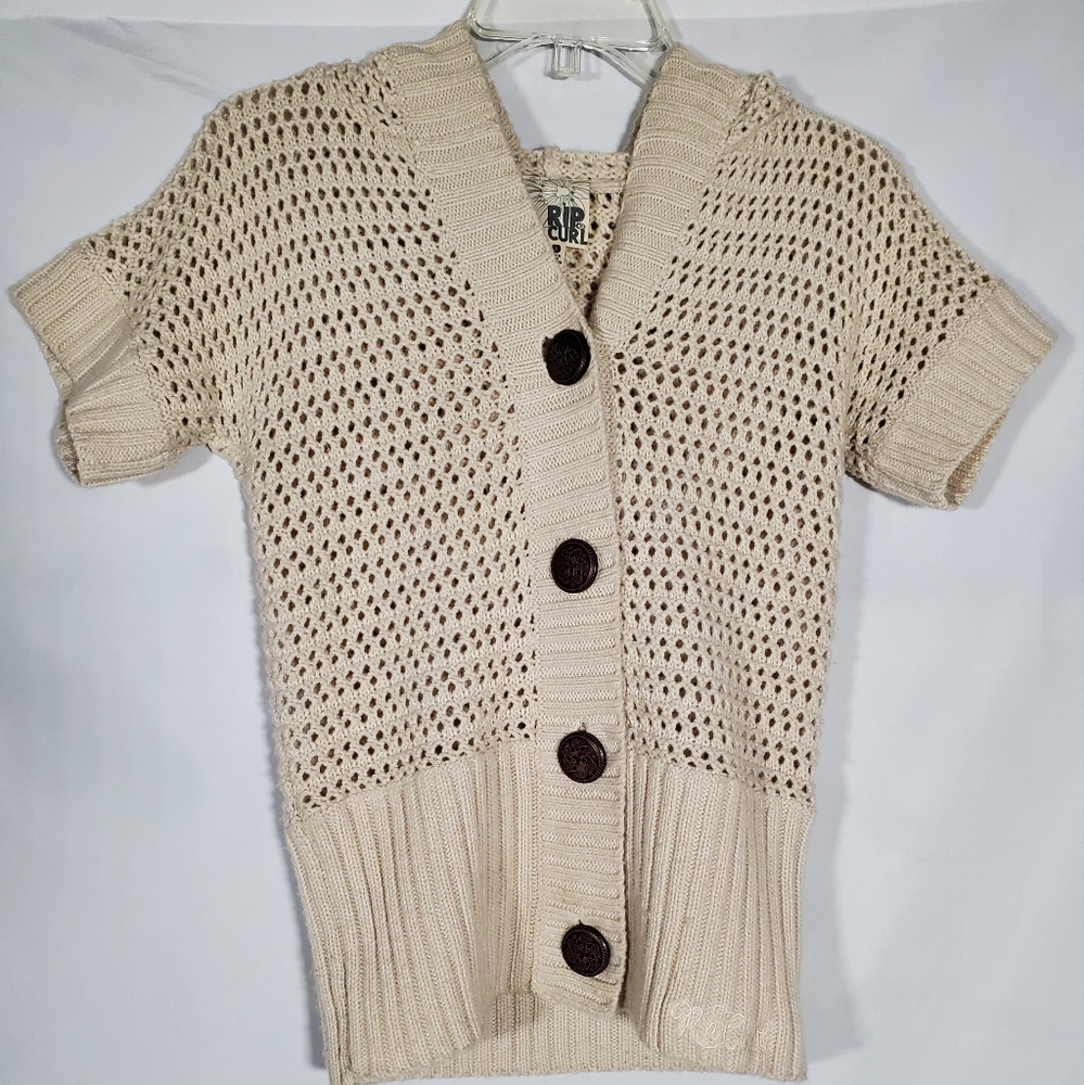 RIP CURL CHUNKY KNIT CROPPED DECORATIVE BUTTON BEACH HOODIE SWEATER CARDIGAN